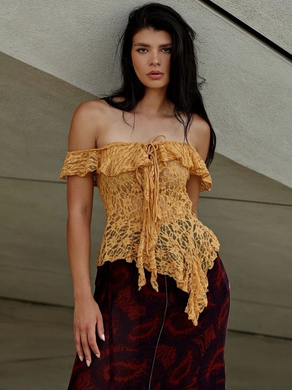 Zara Mustard Yellow Lace Off-Shoulder Camisole